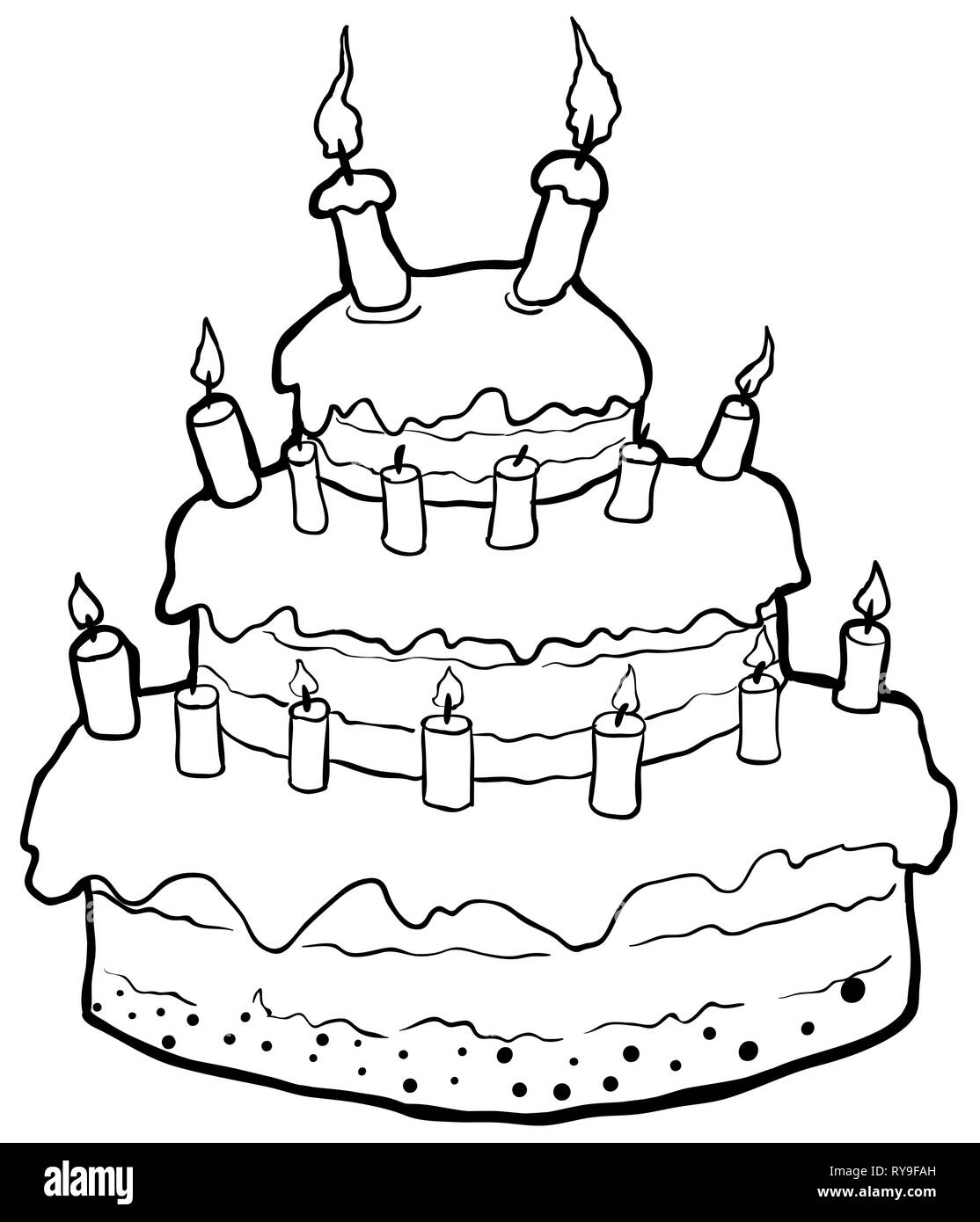 Birthday cake drawing, vector, horizontal line drawing, over white