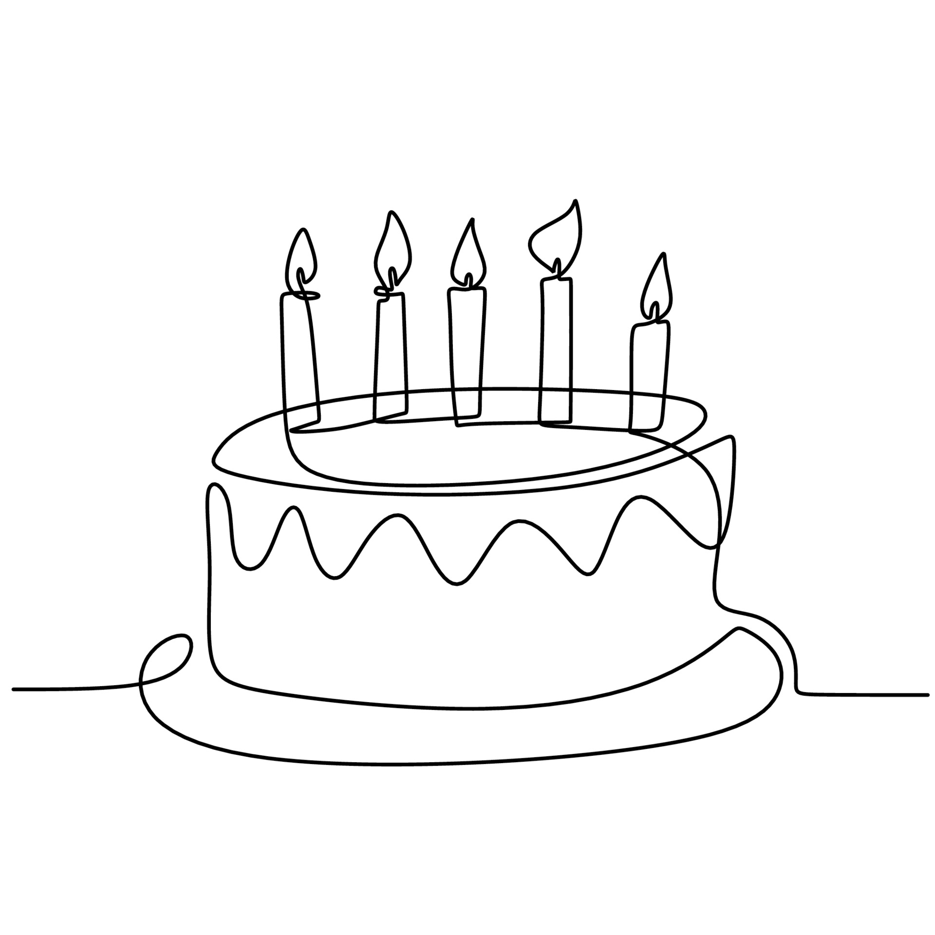 Continuous line drawing of birthday cake with candle. A cake with cream