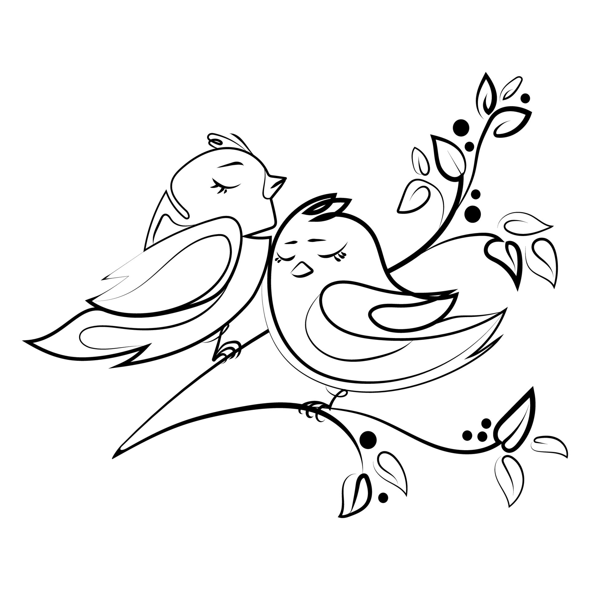 Couple of love birds on a branch with leaves Line art drawing vector