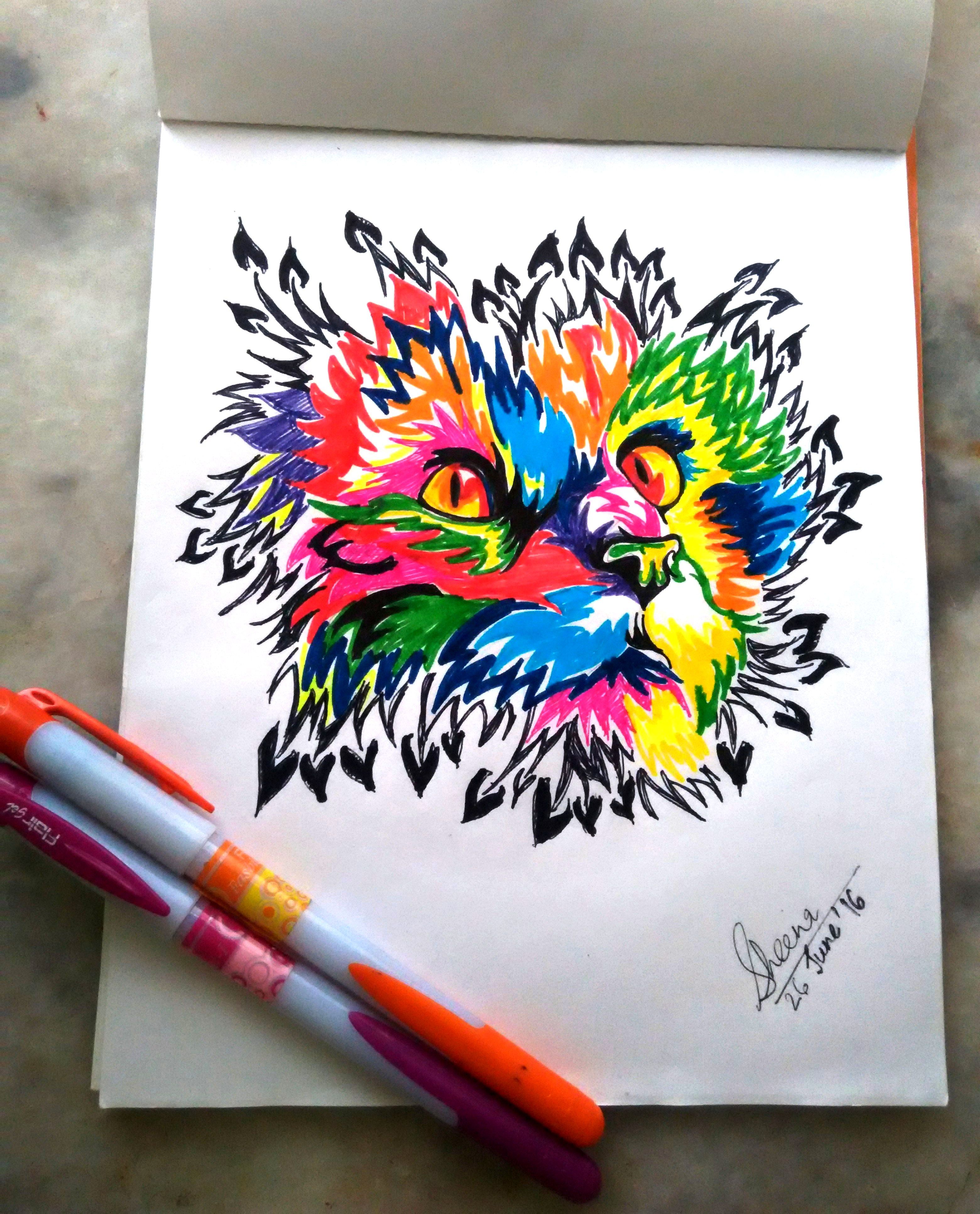 Colorful drawing of a cat made by sketch pens, black bold marker and