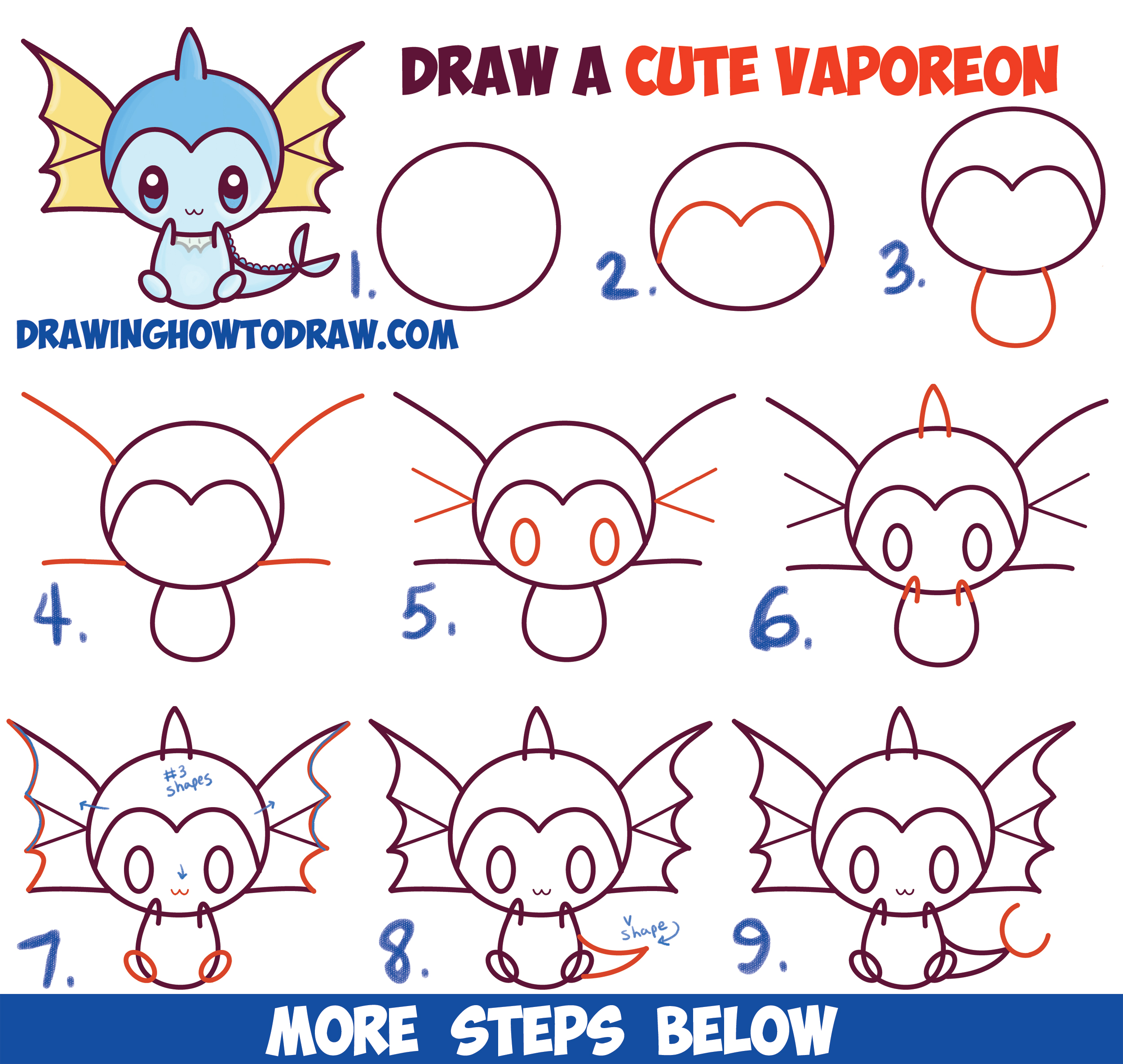 How to Draw Cute Kawaii Chibi Vaporeon from Pokemon Easy Step by Step